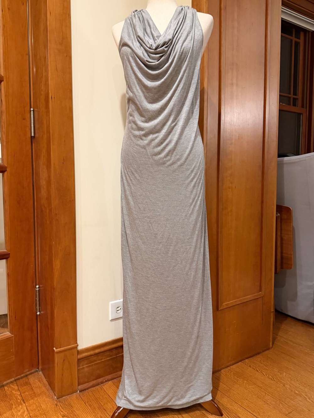 Helmut Lang Silver-Gray Draped Cowl Neck Maxi Dress